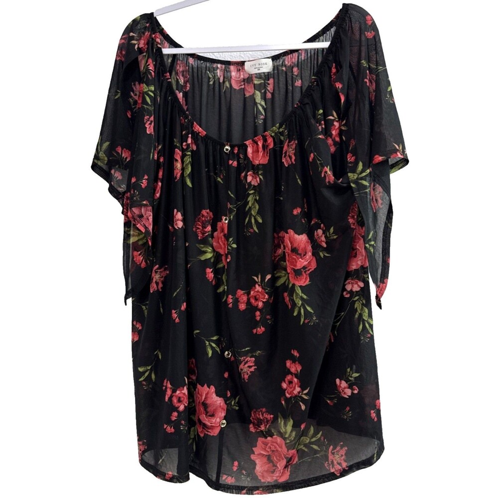 Ivy Rose Black Red Floral Rose Print Sheer Flutter Sleeve Top Blouse Plus Sz 3X